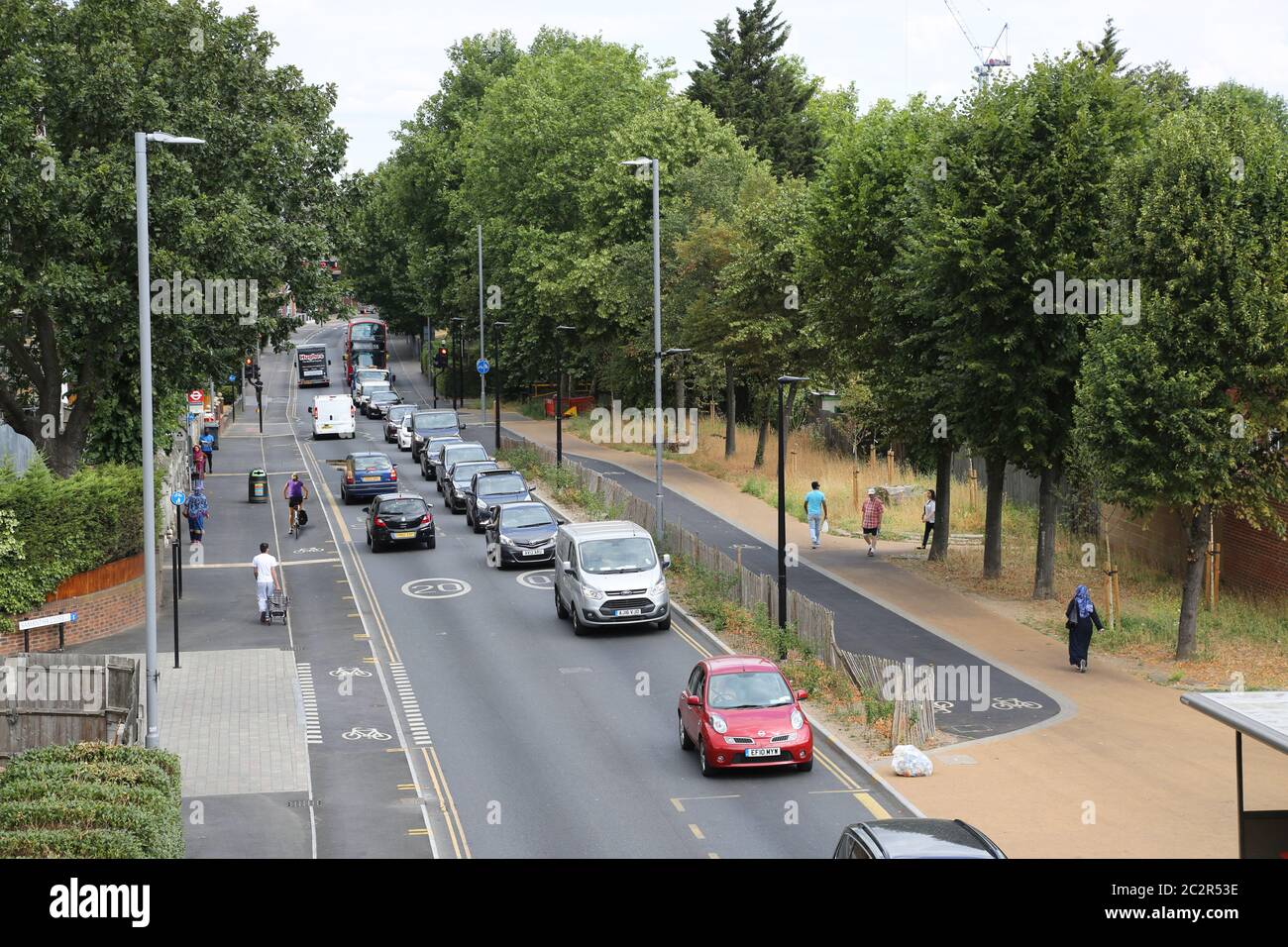 High level view of Markhouse Road, Walthamstow, showing new cycle paths and pedestrian-friendly 'Copenhagen' crossings to side roads. Stock Photo
