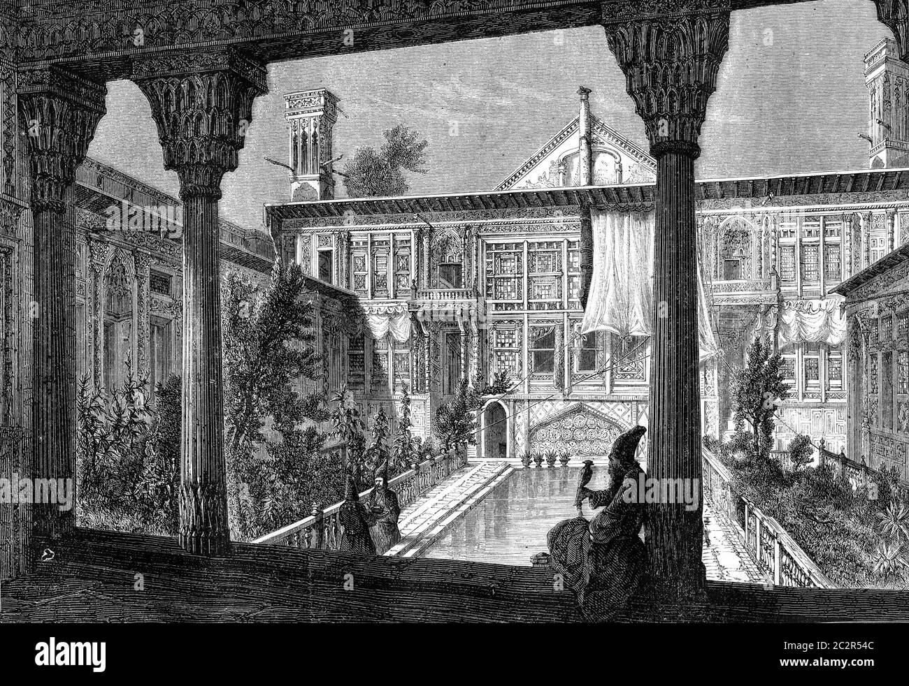 Courtyard of the palace of the French mission in Tehran in 1848, vintage engraved illustration. Magasin Pittoresque 1869. Stock Photo
