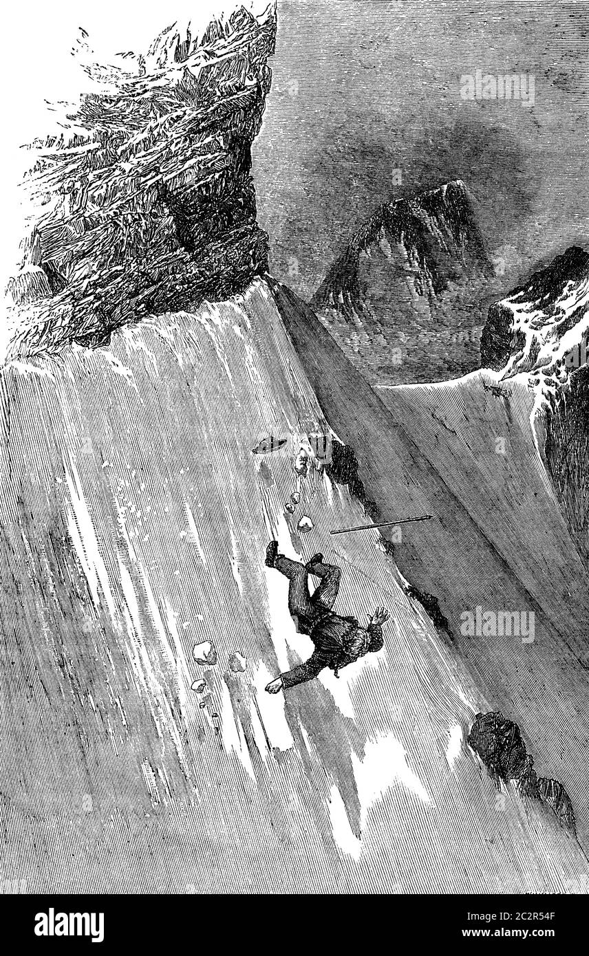 Fall of Mr. Whymper to Col du Lion, vintage engraved illustration. Le ...