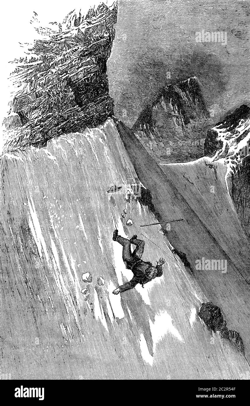 Fall of Mr. Whymper to Col du Lion, vintage engraved illustration. Le