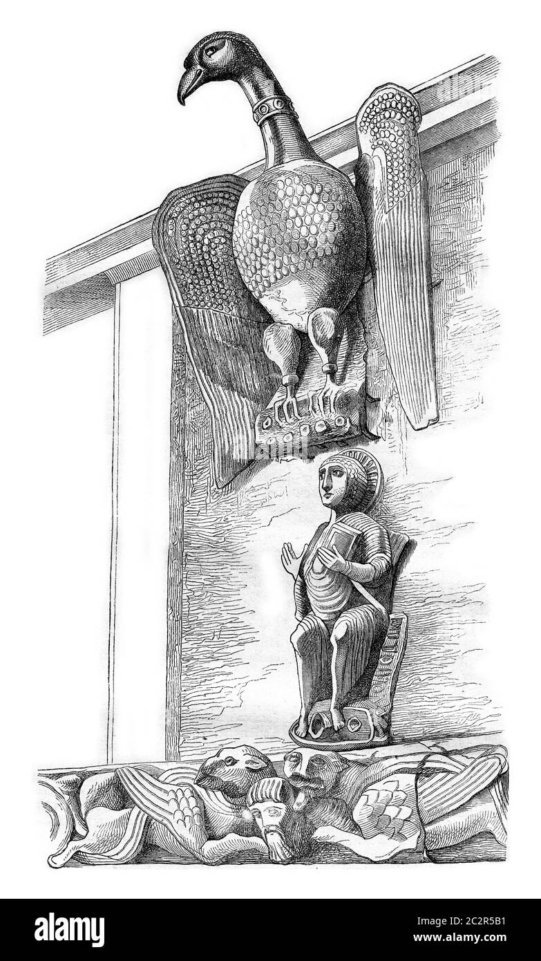 The Eagle of St. John, in the church St. Ambrose of Milan, vintage engraved illustration. Magasin Pittoresque 1869. Stock Photo