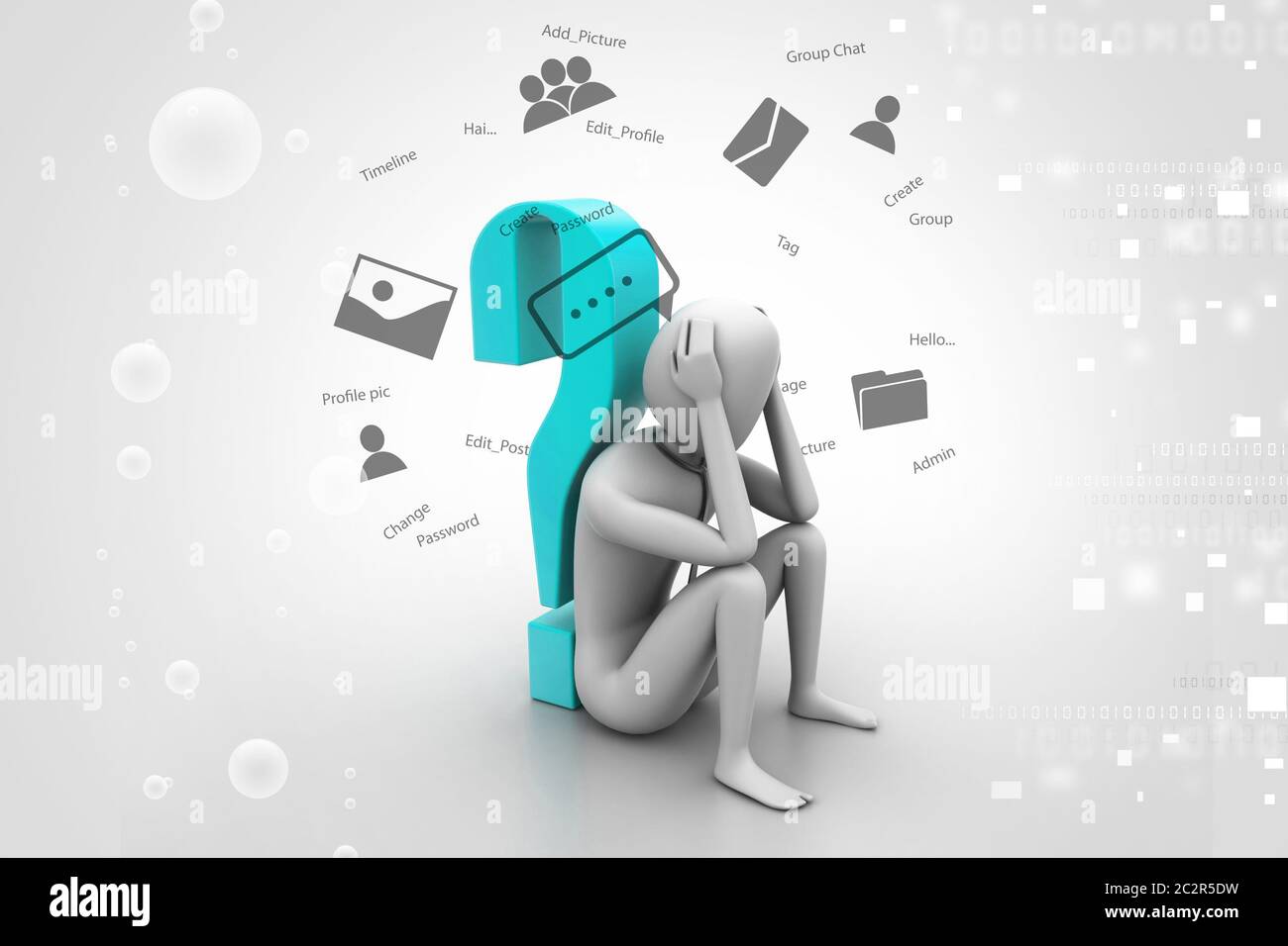 3d man sitting near the question mark Stock Photo - Alamy