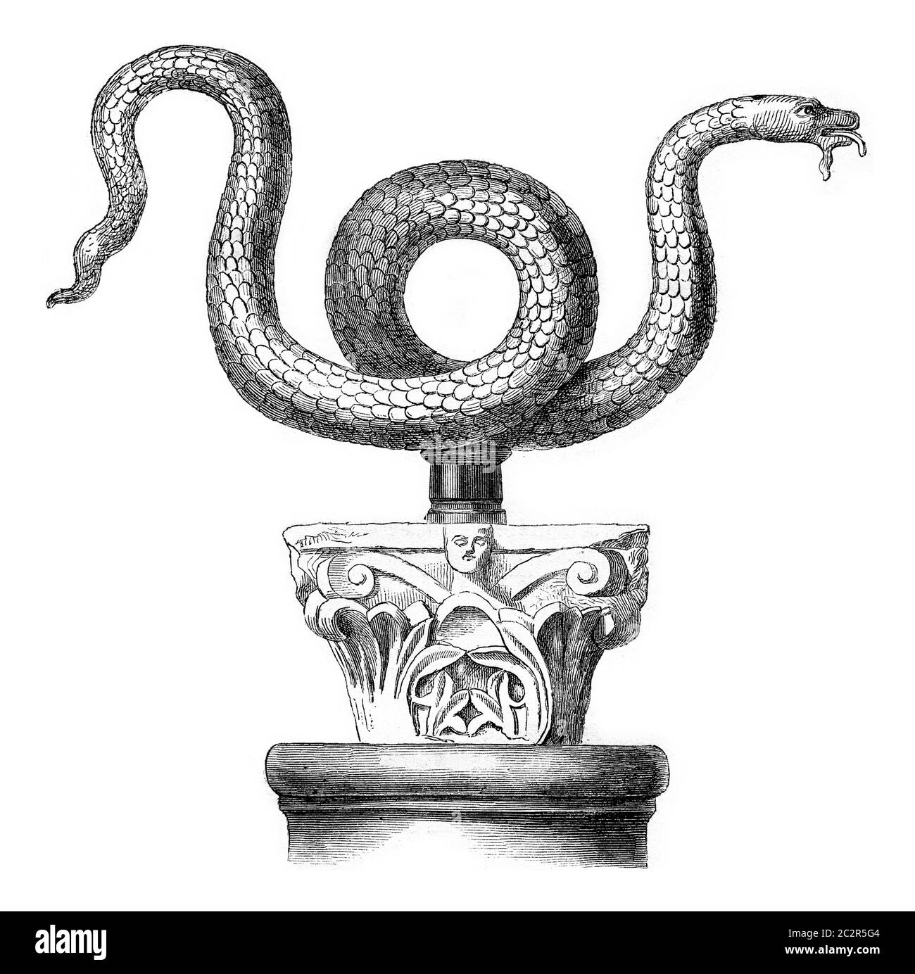 Snake bronze Serpent of Moses says, in the church St. Ambrose of Milan, vintage engraved illustration. Magasin Pittoresque 1869. Stock Photo