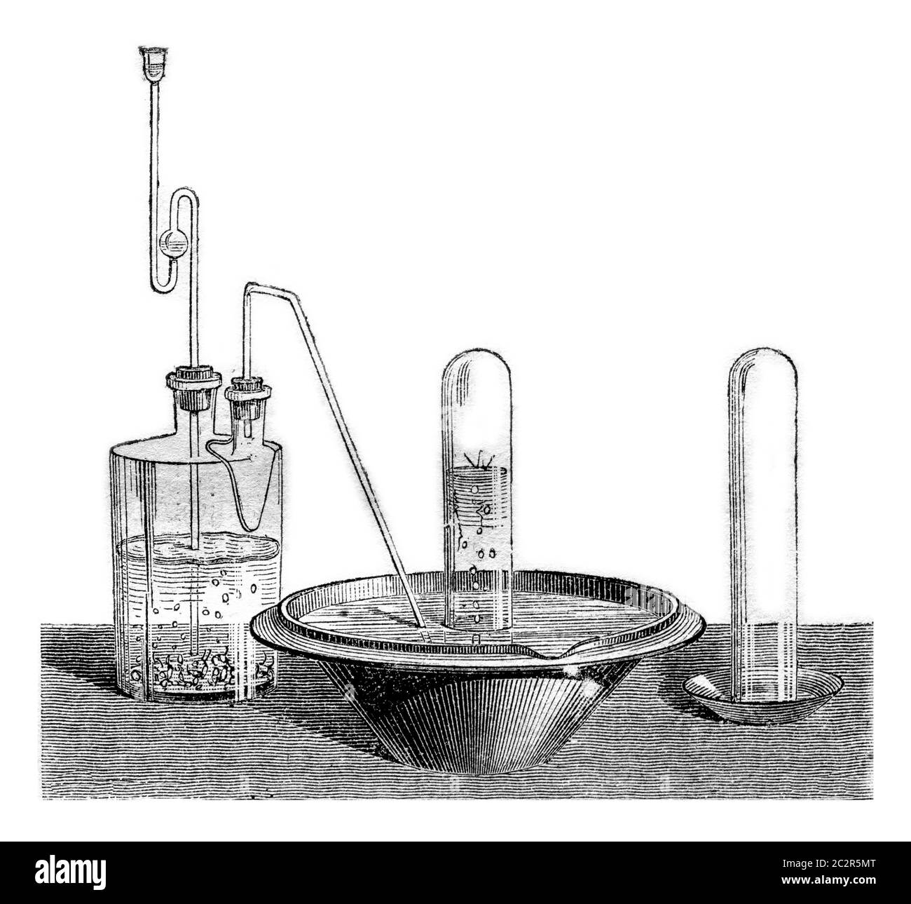 Preparation of nitrogen dioxide, vintage engraved illustration. Magasin Pittoresque 1870 Stock