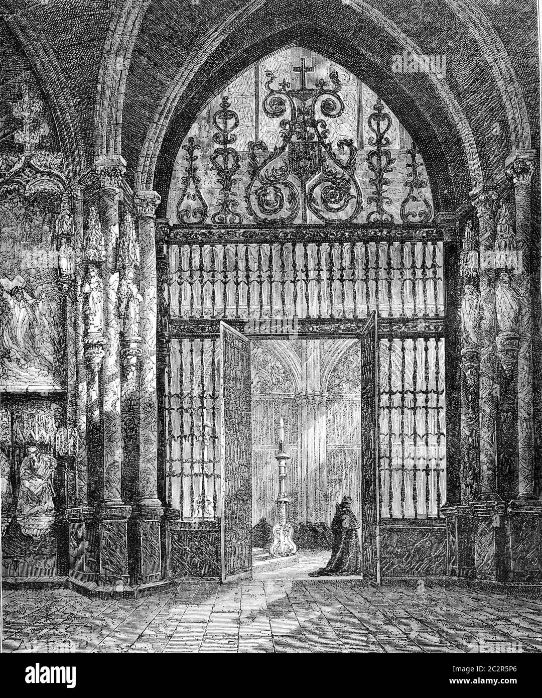 Iron gate forging the choir of the Cathedral of Burgos, Spain, vintage engraved illustration. Magasin Pittoresque 1870. Stock Photo