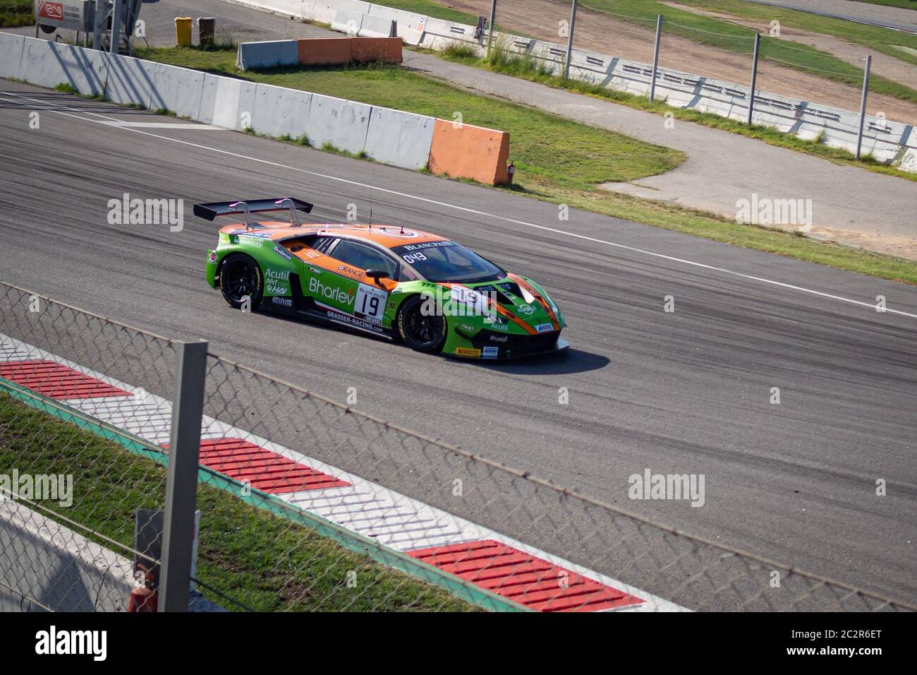 MONTMELLO, SPAIN-SEPTEMBER 9, 2019: Lamborghini Huracan GT3 2019 Blancpain GT racing car (GRT Grasser Racing Team) Stock Photo