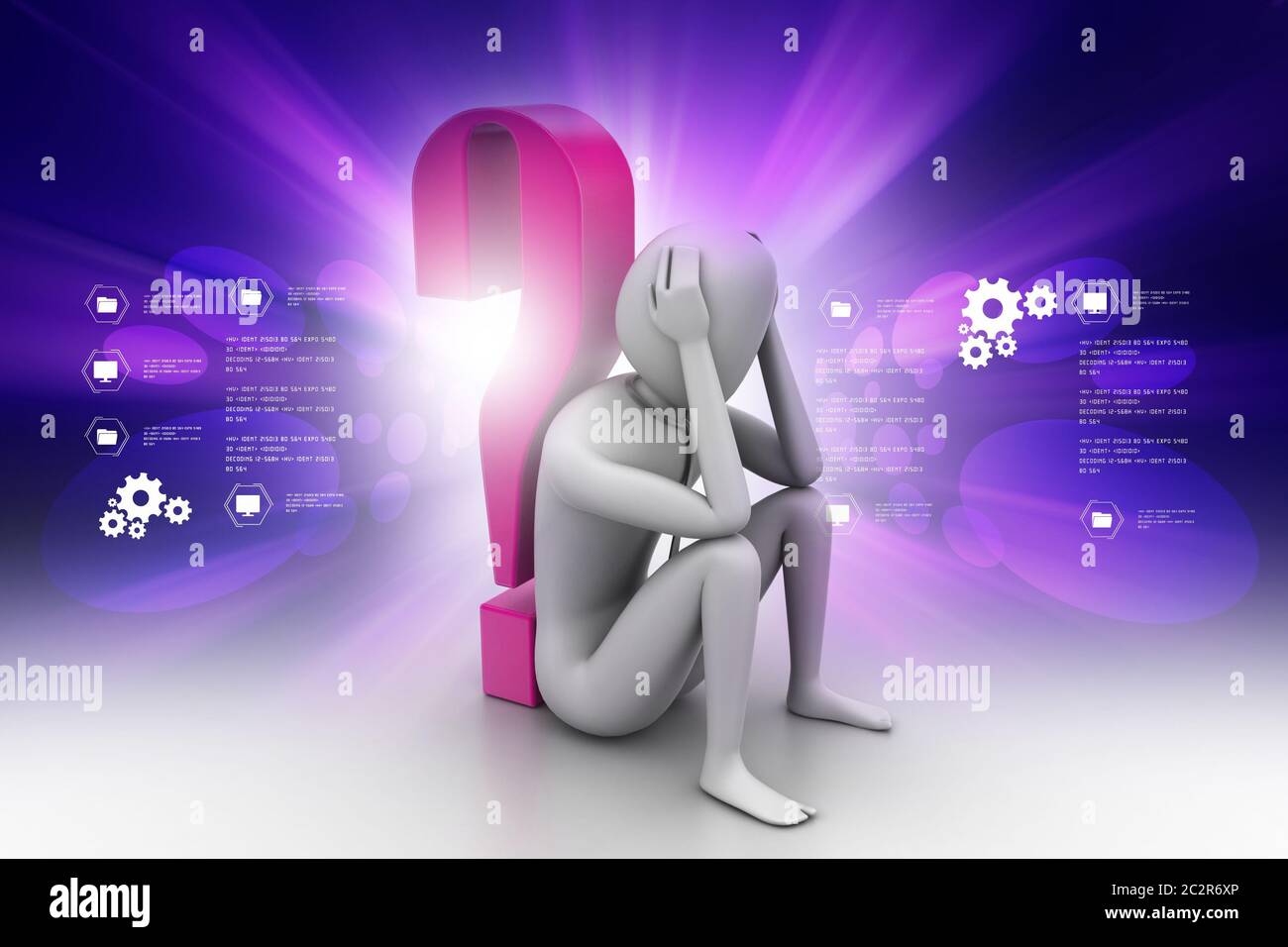 3d man sitting near the question mark Stock Photo