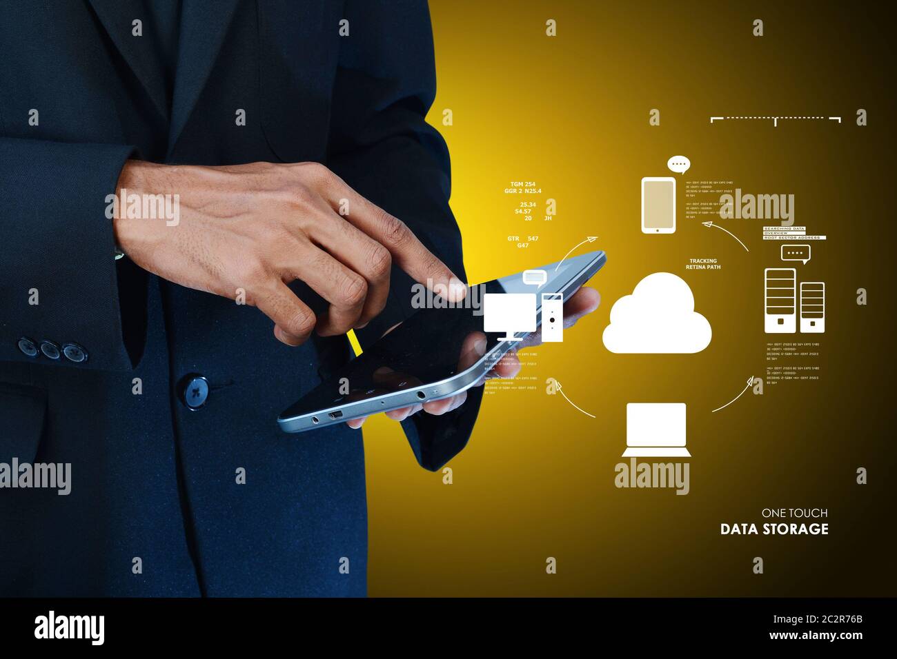 Business man showing concept of cloud computing. Stock Photo