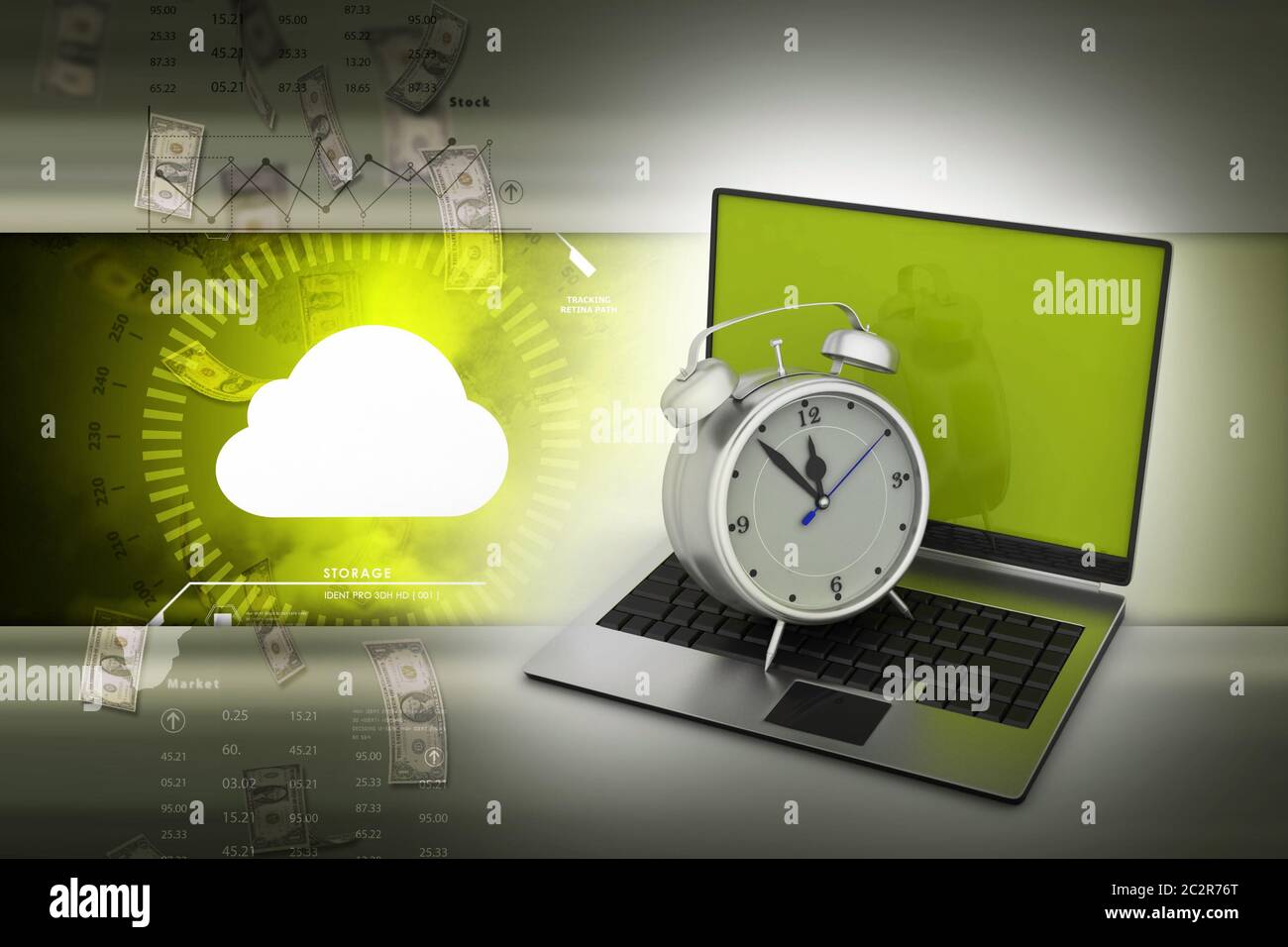 Laptop with alarm clock Stock Photo Alamy