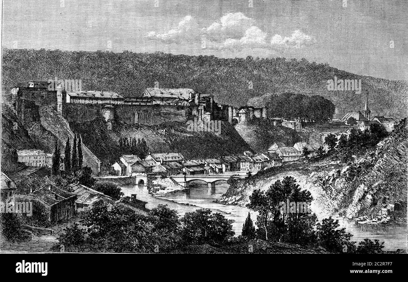 General view of Bouillon, Belgium, vintage engraved illustration