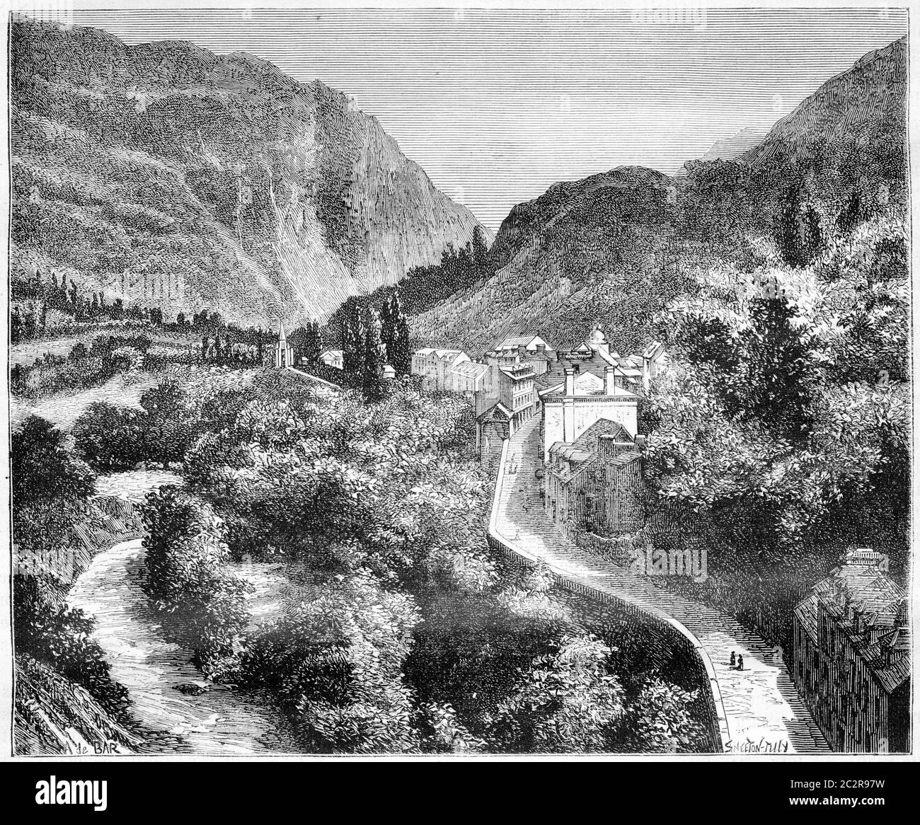 Luz St Sauveur, Midi-Pyrenees, France, vintage engraved illustration. Magasin Pittoresque  1874. Stock Photo