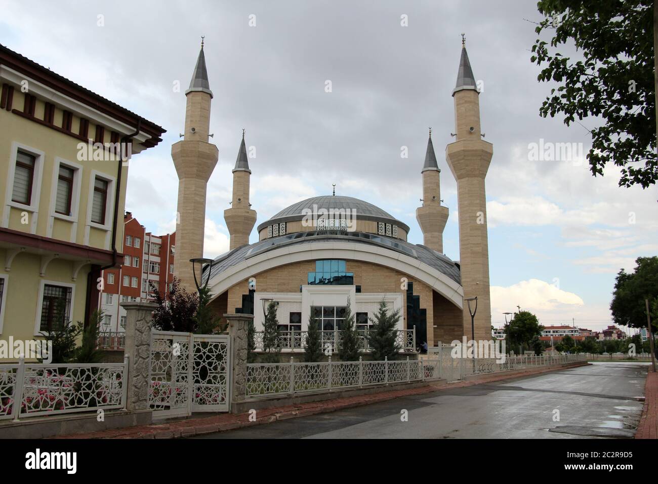 Celebi Mosque, located in the city of Konya, Turkey. It was built by Karatay Municipality between 2015 and 2017. The mosque has 4 minarets. Stock Photo