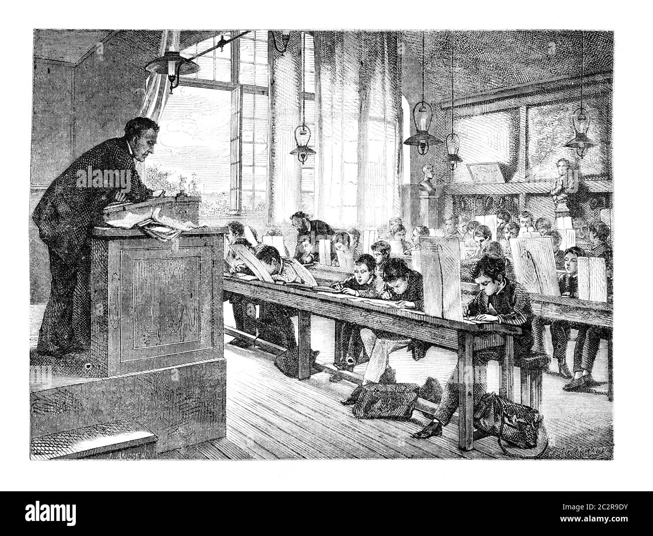 Salon of 1874; paint. - A drawing lessons at school Cochin, by A. Truphème. - The Drawing Hernault, vintage engraved illustration. Magasin Pittoresque Stock Photo