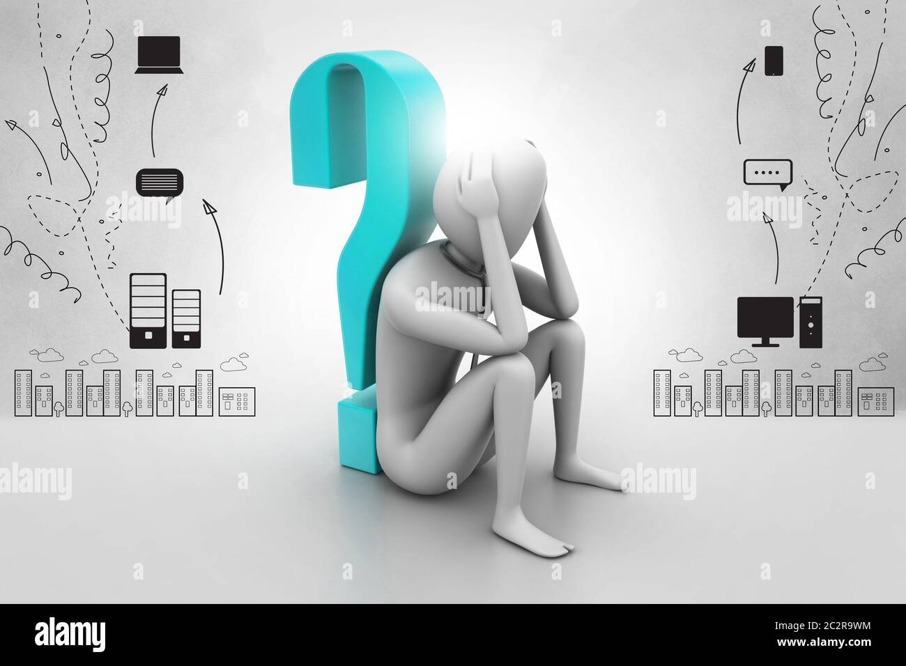 3d man sitting near the question mark Stock Photo - Alamy