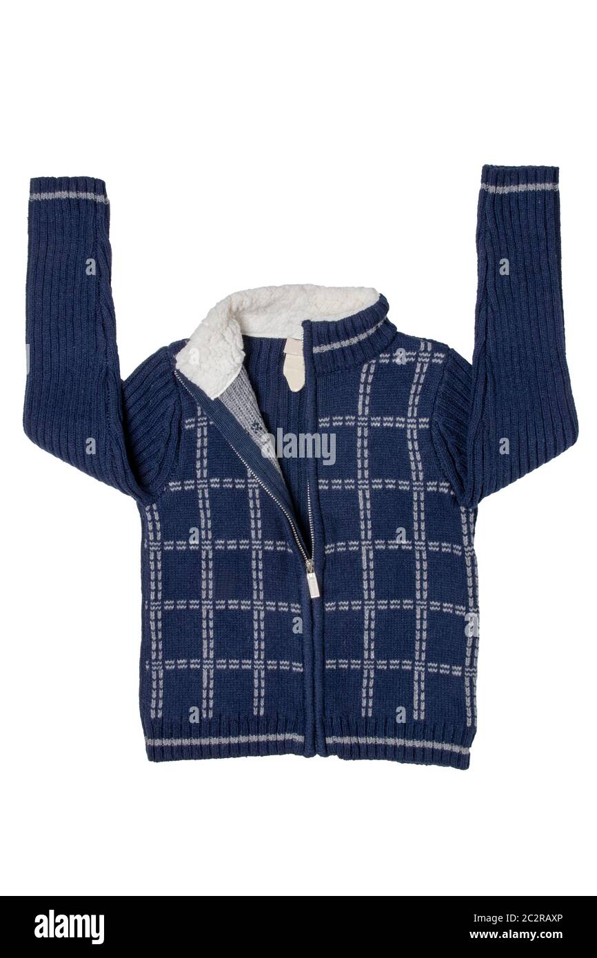 Autumn and winter children clothes. A cozy warm dark blue cardigan or jacket with a white checkered pattern for the little boy isolated on a white background. Kids spring fashion. Stock Photo