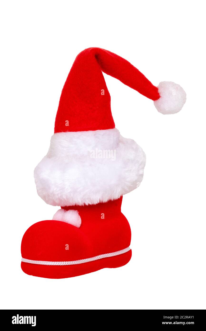Christmas decorations isolated. Close-up of a red Santa Claus boot with