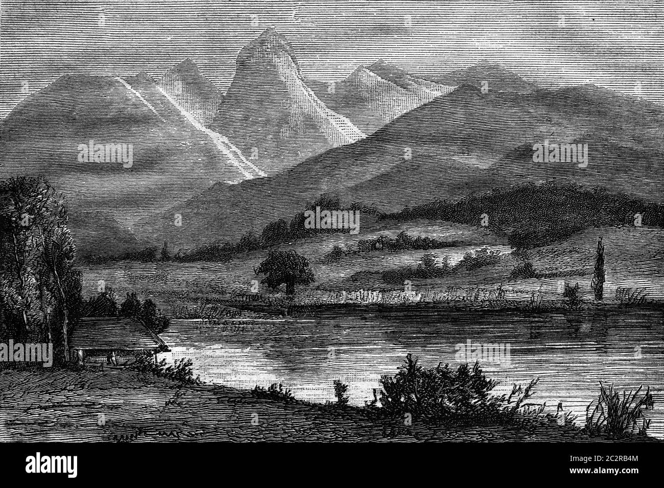 Example moraine landscape, Surroundings of Thun, Lake Gerzensee, basically the Stockhorn, vintage engraved illustration. Magasin Pittoresque 1876. Stock Photo