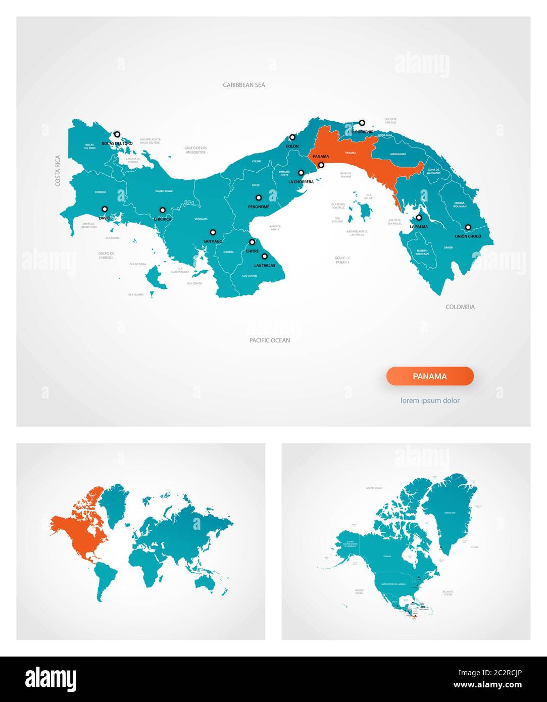 Editable template of map of Panama with marks. Panama on world map and ...