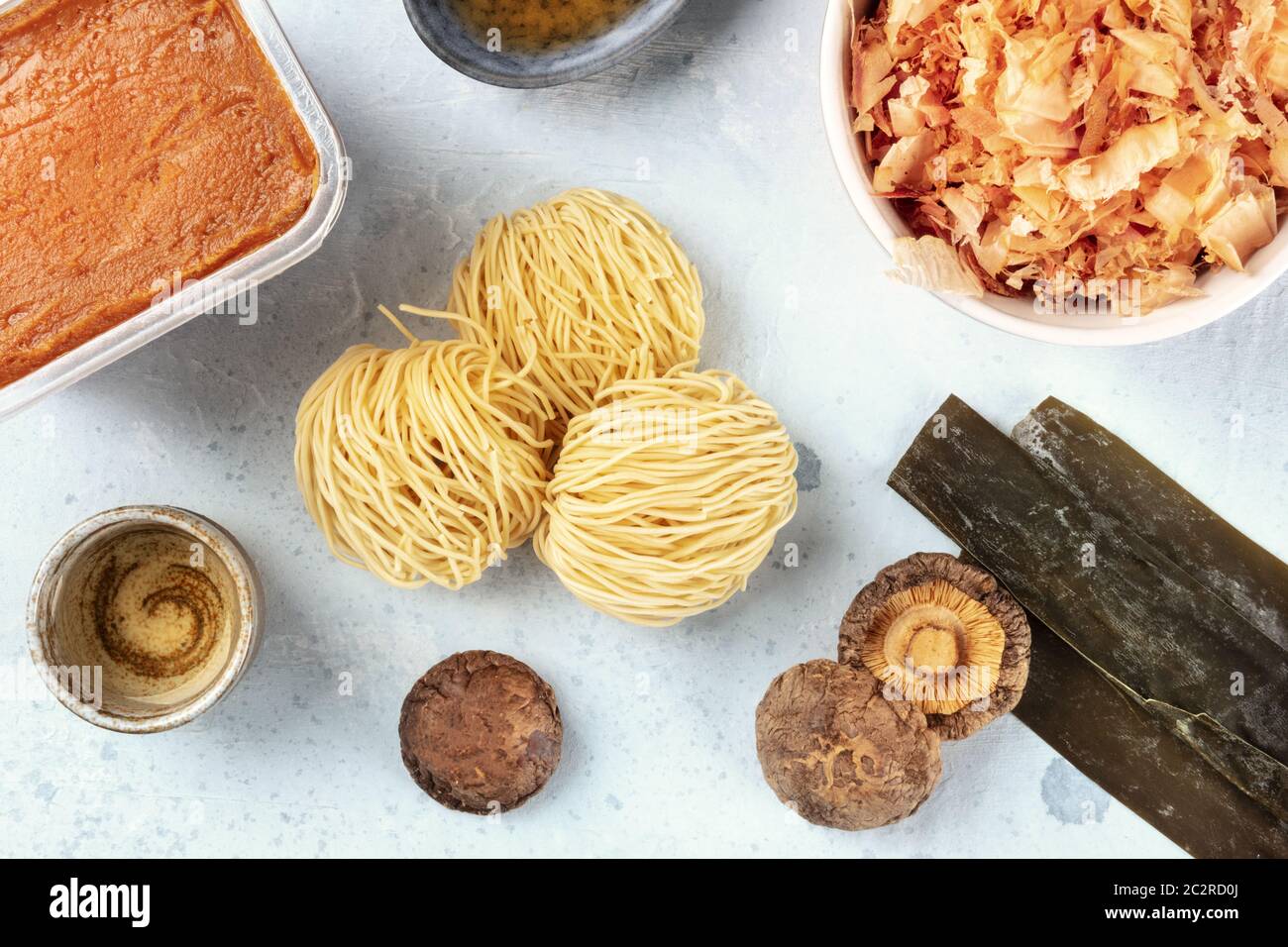 Ramen ingredients. Dried sea vegetable kelp, soba noodles, miso paste