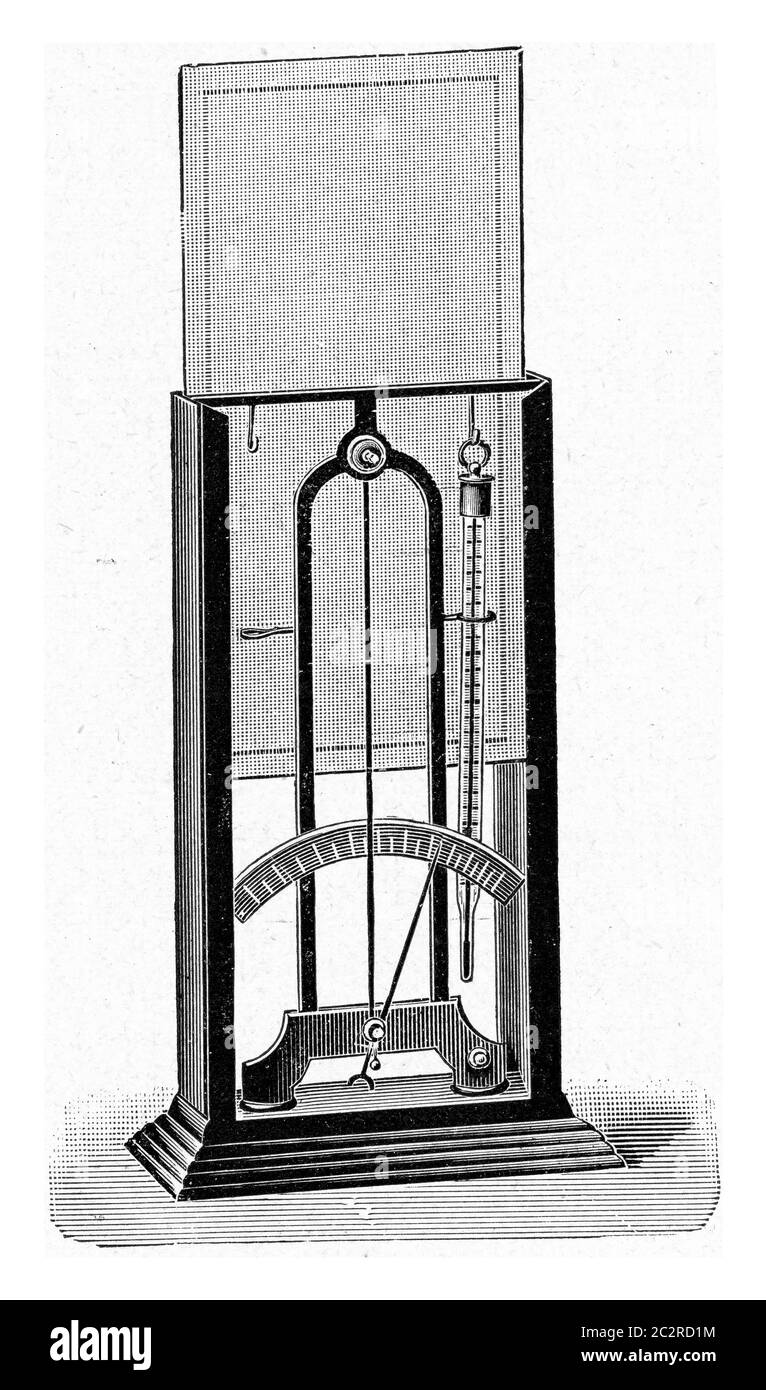 Hair hygrometer, vintage engraved illustration. From the Universe and Humanity, 1910. Stock Photo