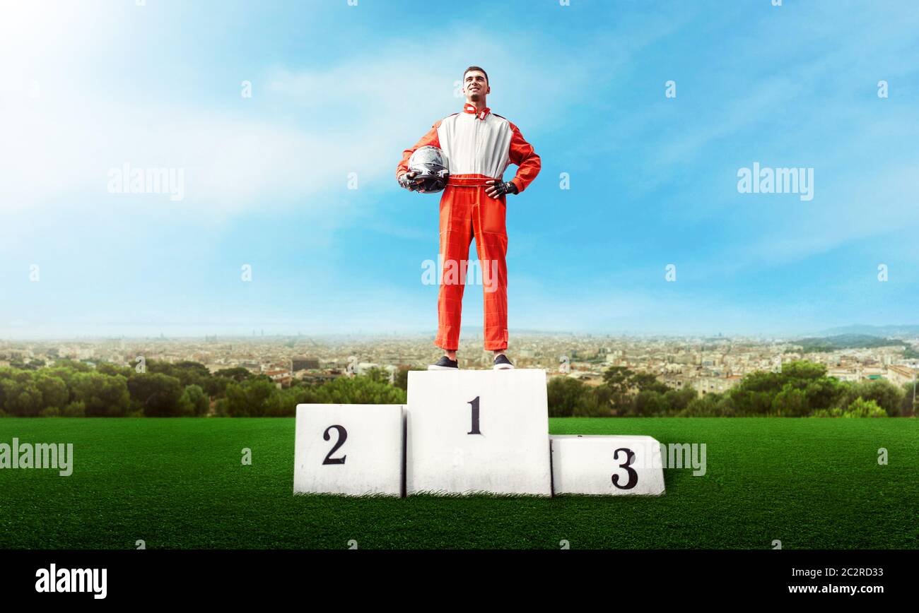 Karting racer on winner podium, go kart competition on outdoor track