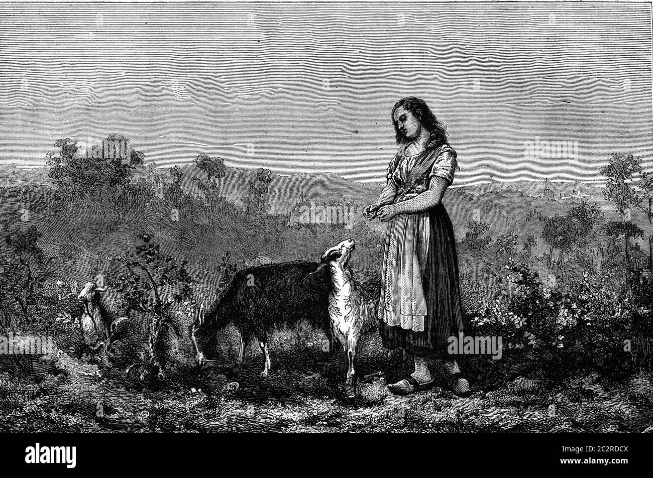 The Gardeuse goats painting by Lieven Goethals, vintage engraved illustration. Magasin Pittoresque 1877. Stock Photo