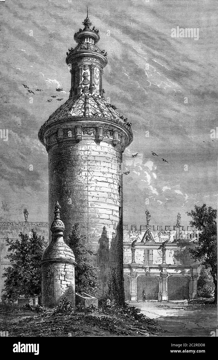 The Dovecote the old castle of Usson, vintage engraved illustration. Magasin Pittoresque 1877. Stock Photo