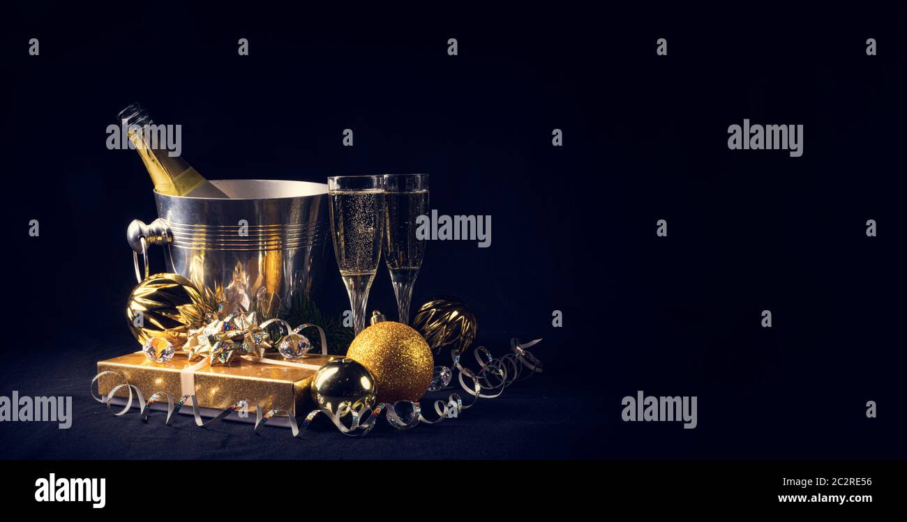New Year, sparkling wine, candles, happy new year Stock Photo