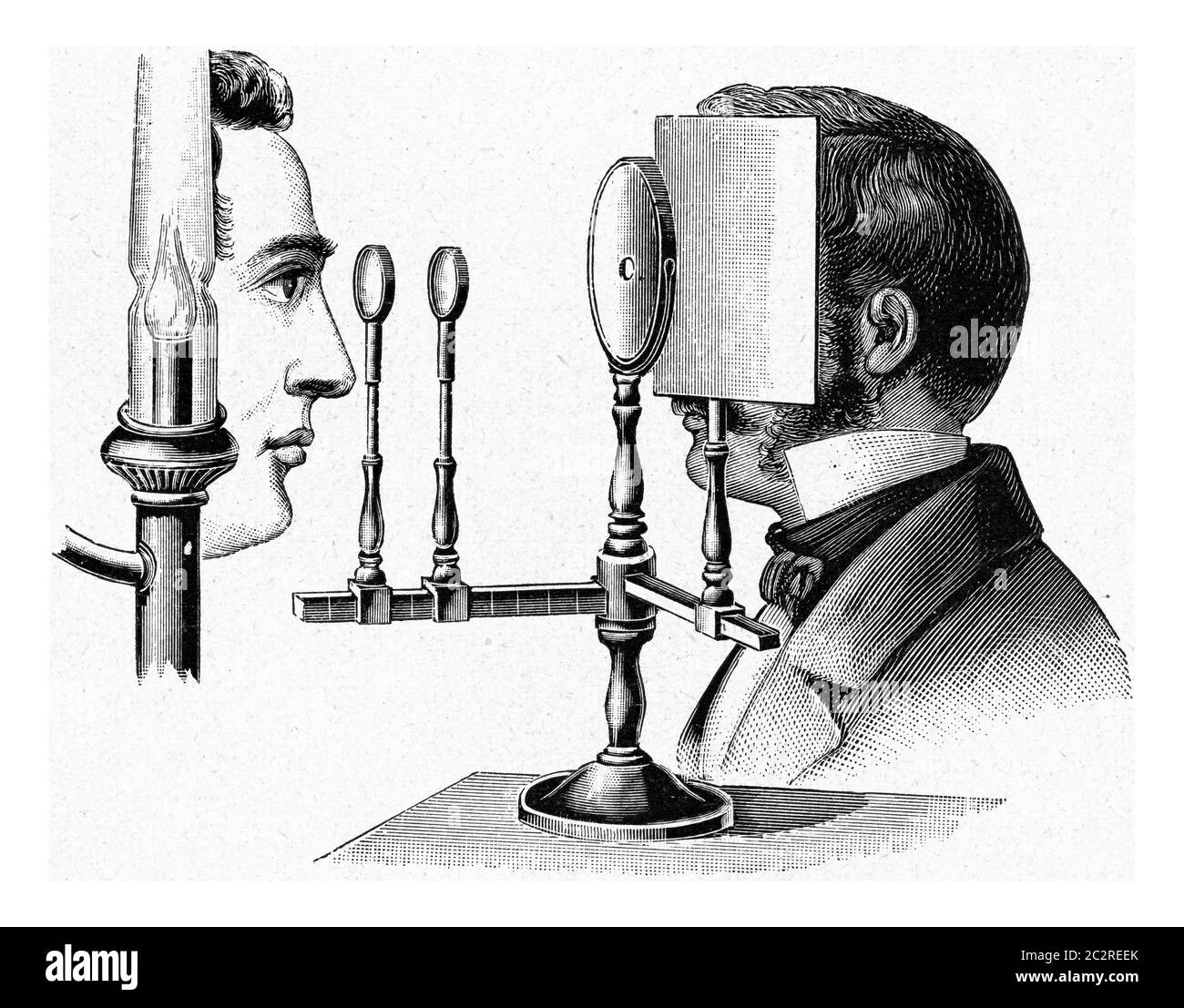 Ophthalmoscope by Helmholtz, vintage engraved illustration. From the Universe and Humanity, 1910. Stock Photo