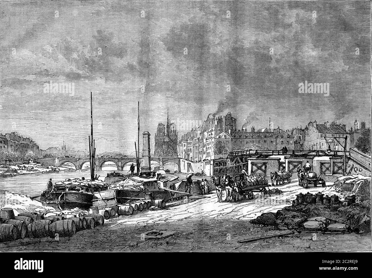 Wharf a view Henri Quatre before the bridge Saint Germain in Paris, vintage engraved illustration. Magasin Pittoresque 1877. Stock Photo