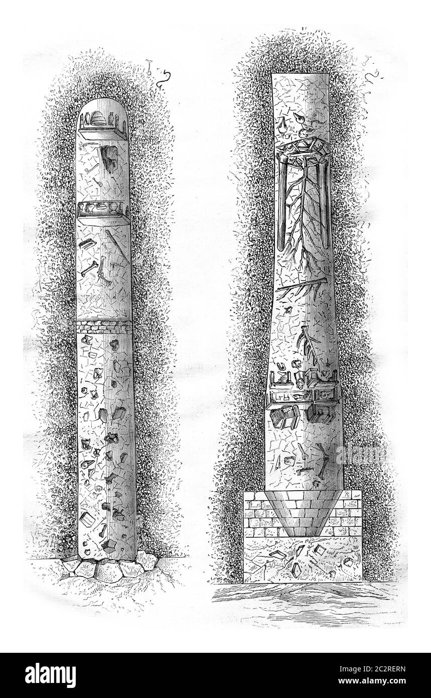 Cross-section of a Gallo-Roman funeral pit of Bernard Vendee. Drawing by Sellier. From Magasin Pittoresque, vintage engraving, 1878. Stock Photo