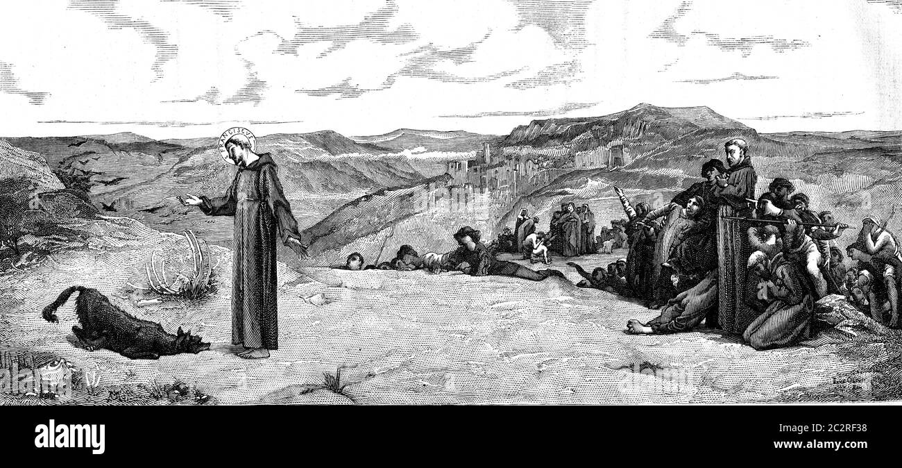 Saint Francis of Assisi and the wolf Gubbio, vintage engraved illustration. Magasin Pittoresque 1878. Stock Photo