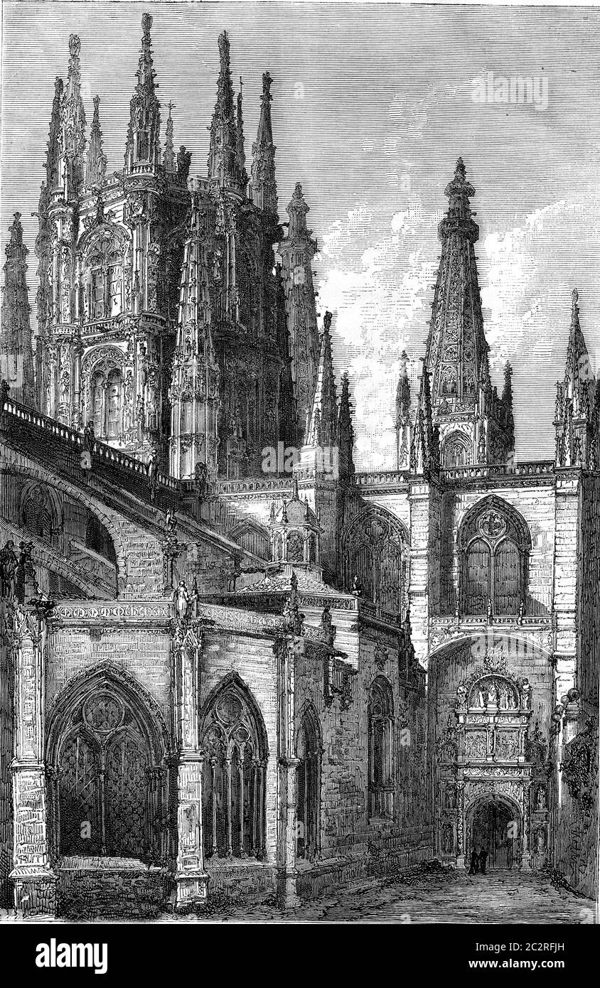 Burgos Cathedral, facade of the Pellejeria, vintage engraved illustration. Magasin Pittoresque 1880. Stock Photo