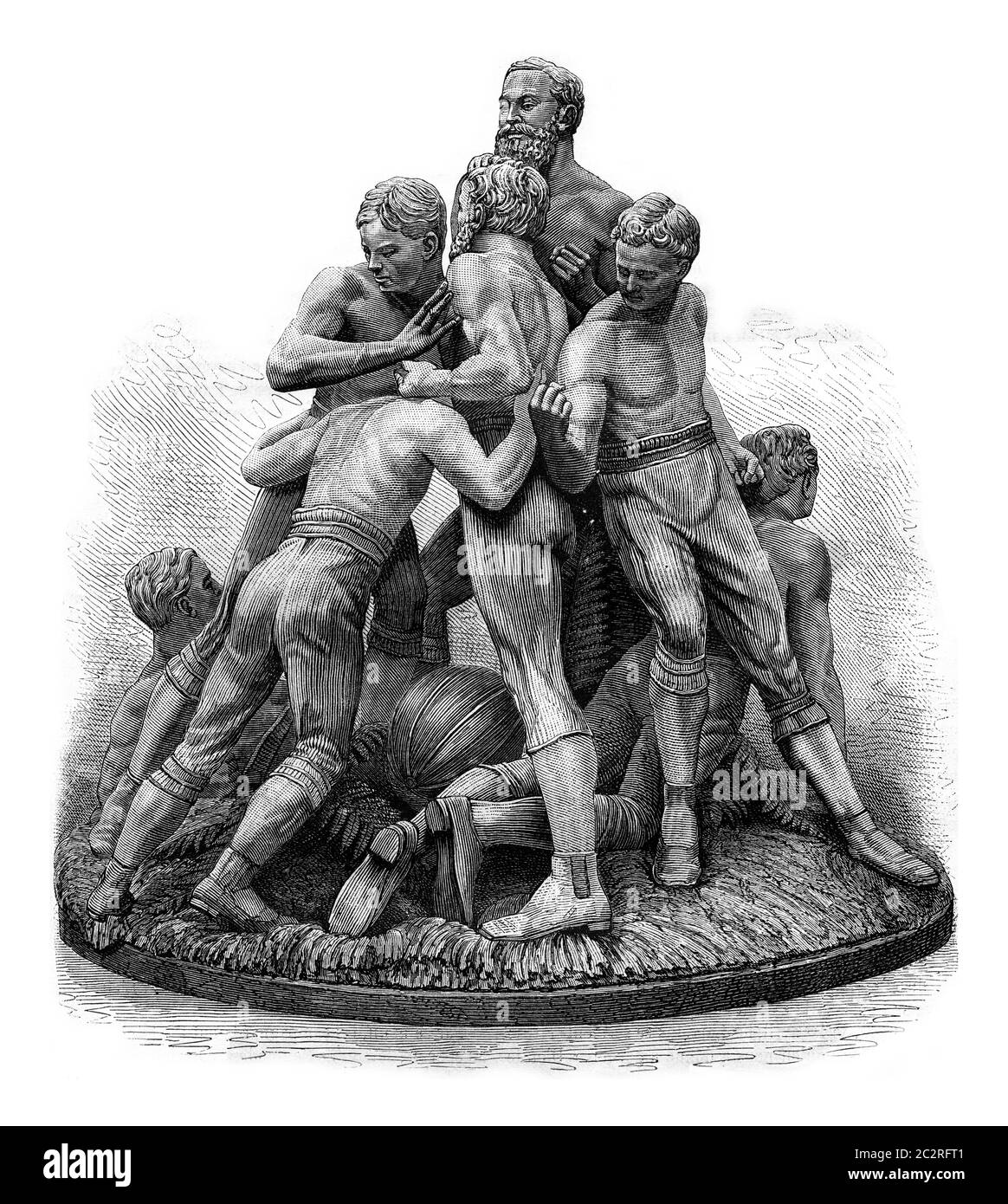 The game of football in England, terracotta group, Tinworth, vintage engraved illustration. Magasin Pittoresque 1880. Stock Photo