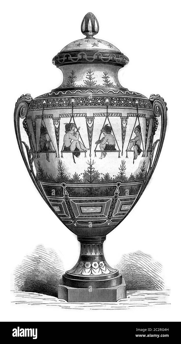 Manufacture de Sevres, The Painters, enamel vase decorated in relief,  vintage engraved illustration. Magasin Pittoresque 1880 Stock Photo - Alamy
