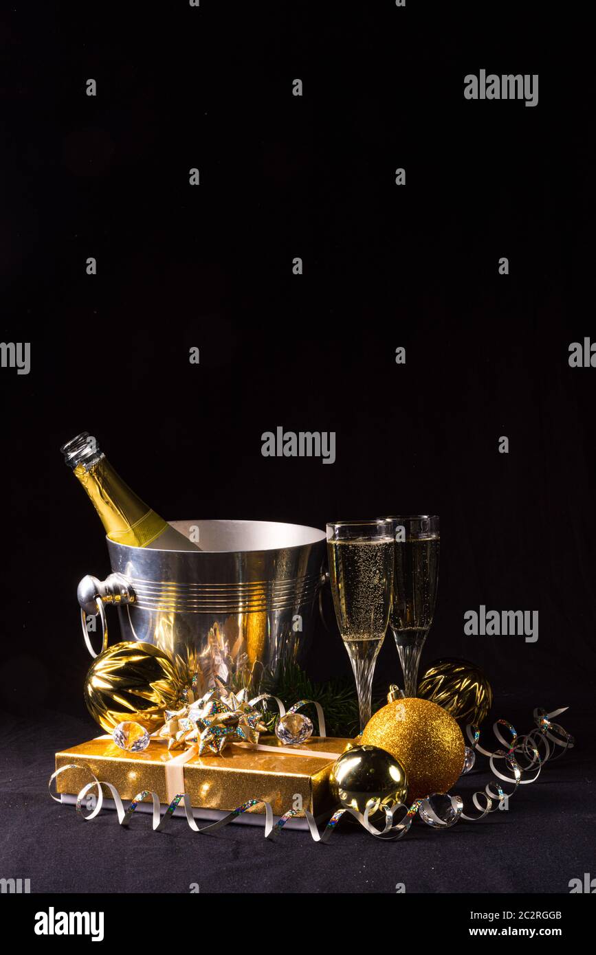 New Year, sparkling wine, candles, happy new year Stock Photo