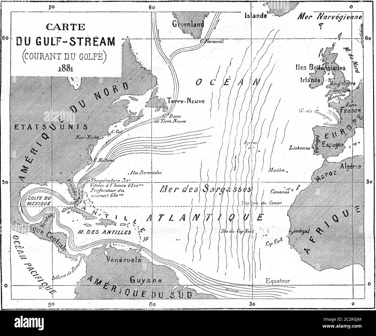 Map of Gulf Stream, vintage engraved illustration. Magasin Pittoresque (1882). Stock Photo
