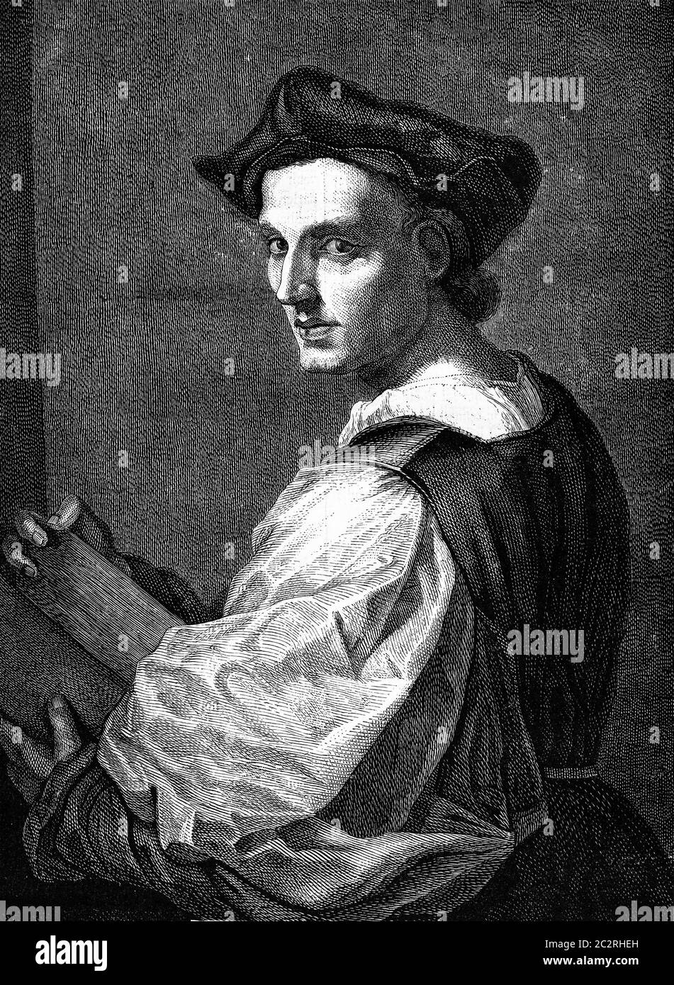 A portrait by Andrea del Sarto, at the National Gallery in London, vintage engraved illustration. Magasin Pittoresque (1882). Stock Photo