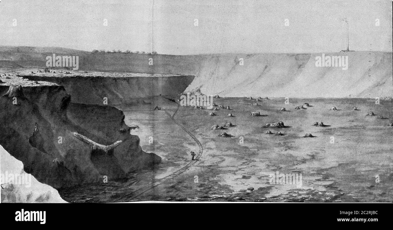 Exploitation in the open pit lignite pit Marie II near Gr. Raschen, vintage engraved illustration. From the Universe and Humanity, 1910. Stock Photo