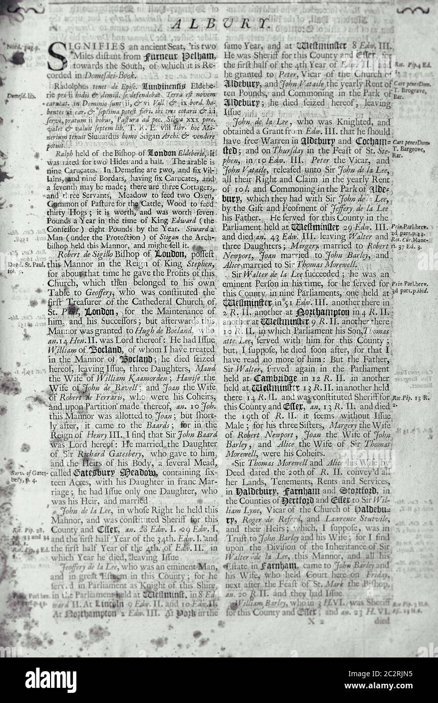 Pages from book on Hertfordshire 1700 Stock Photo