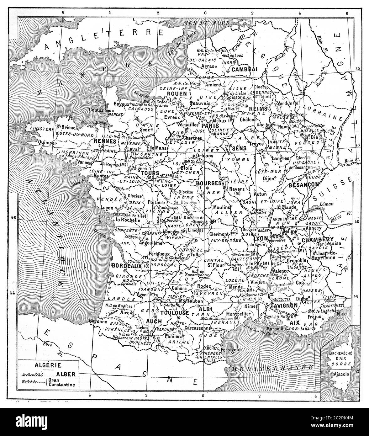 Religious map of France, vintage engraved illustration. Dictionary of words and things - Larive and Fleury - 1895. Stock Photo