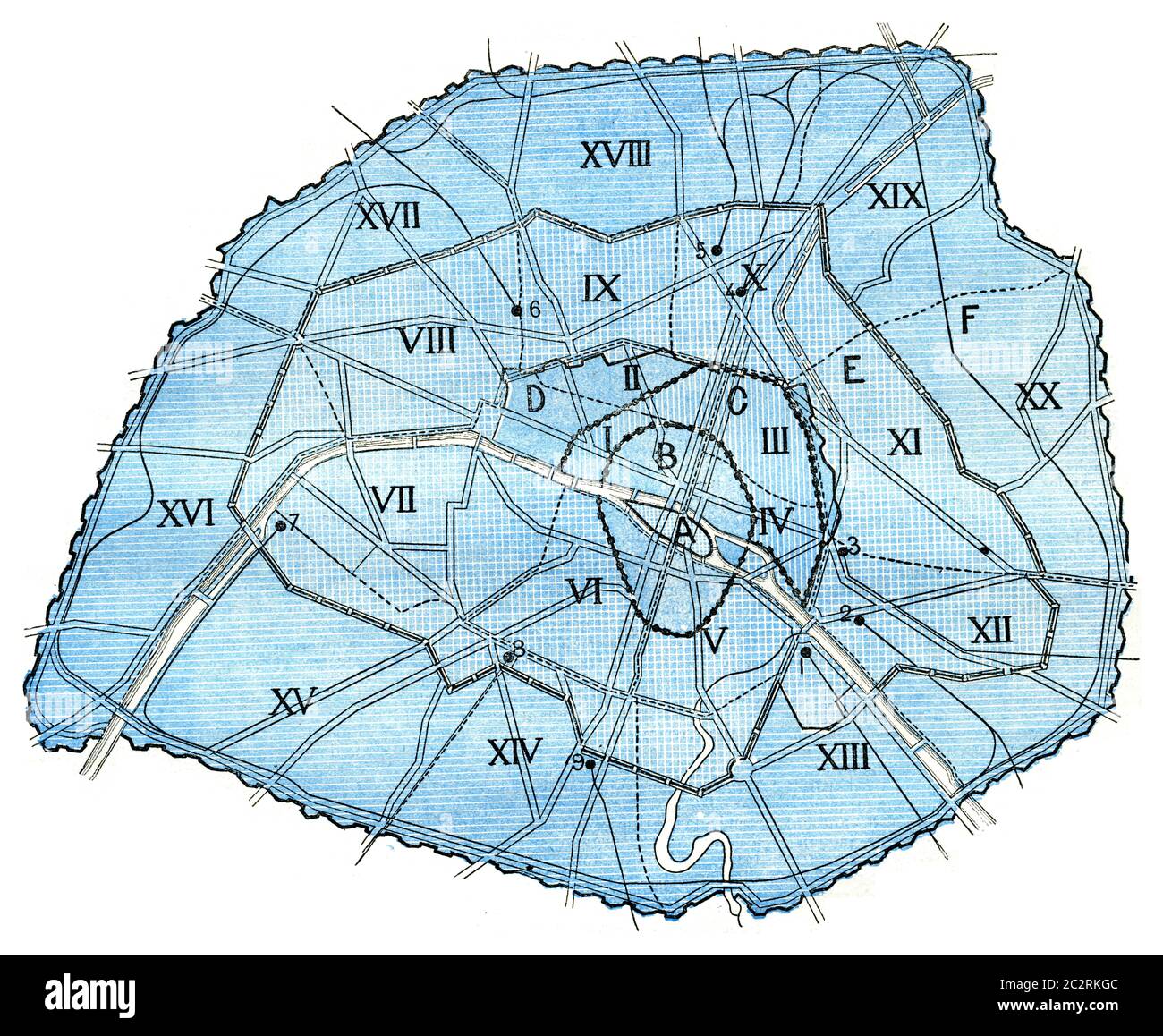 Map of concentric enclosures, Paris, vintage engraved illustration. Dictionary of words and