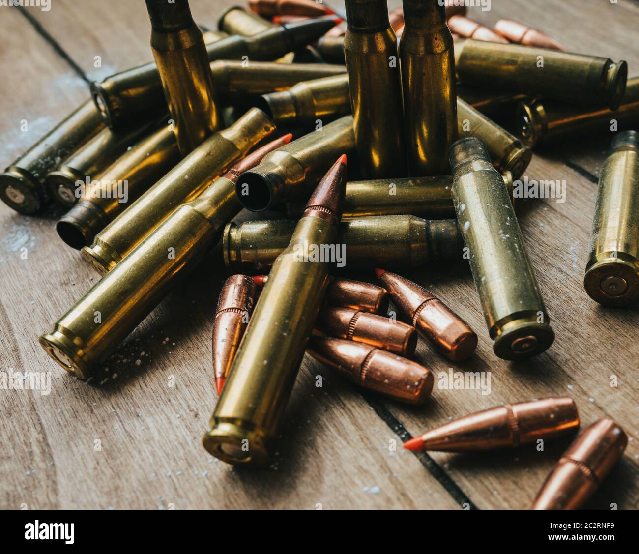 .308 Ammunition with projectiles Flat Lay on board Stock Photo