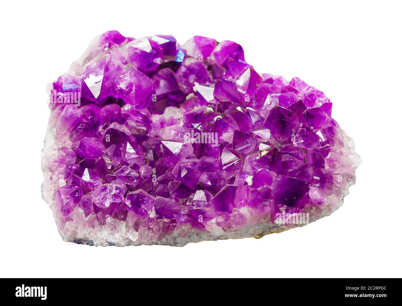 Violet Crystal Stone macro mineral. Purple rough Amethyst quartz crystals geode isolated on white. Amethyst gemstone Crystal Dru Stock Photo