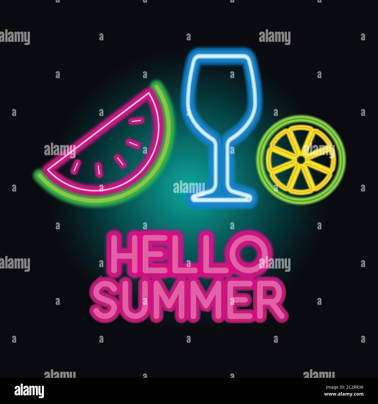 hello summer logo with neon sign effect. vector illustration Stock Vector