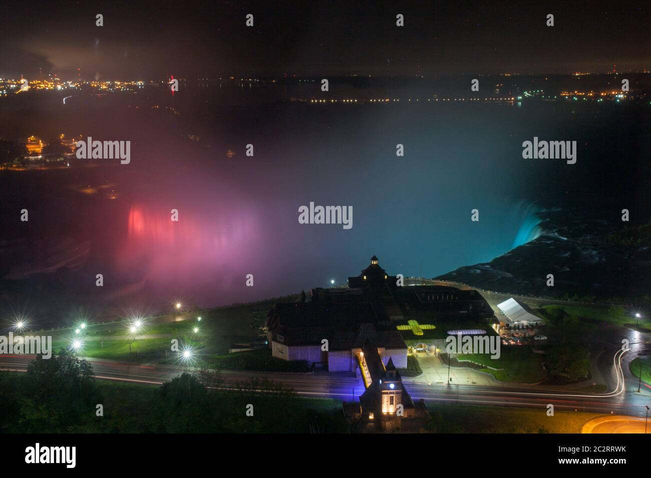 Scenic view from above of Niagara falls at night, with colorful lights on water, Niagara Falls, Ontario, Canada Stock Photo