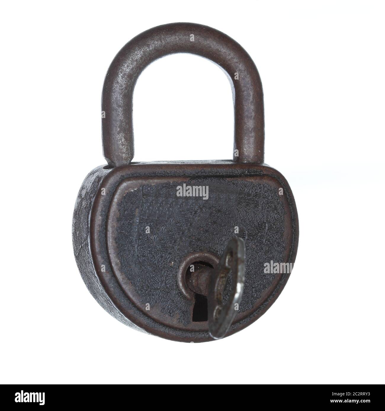 old lock with key, symbolic security on white background Stock Photo