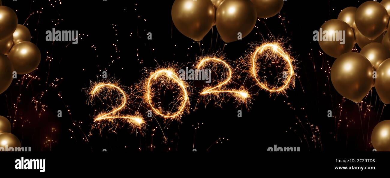 New year 2020 firework on abstract night sky with golden balloons for a ...