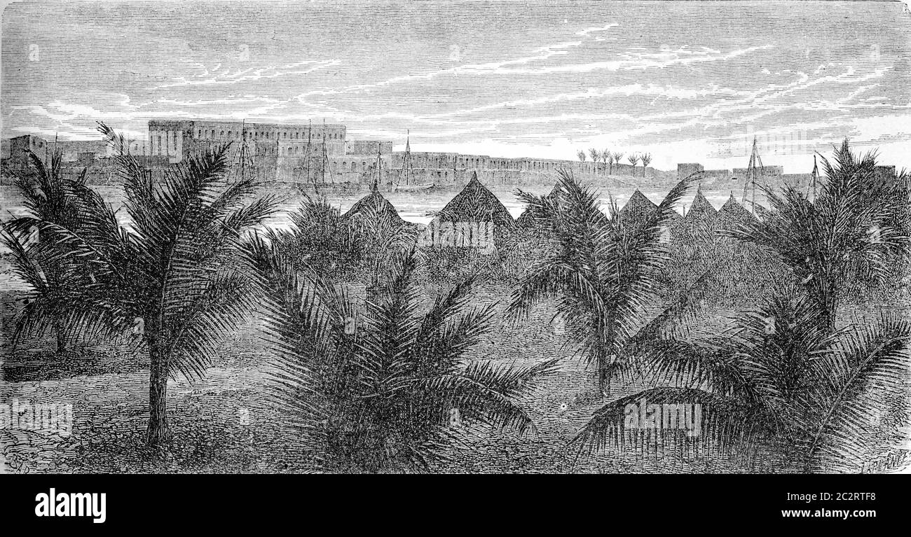 Hospital of St. Louis, seen from Guet-Ndar, vintage engraved illustration. Le Tour du Monde, Travel Journal, (1872). Stock Photo