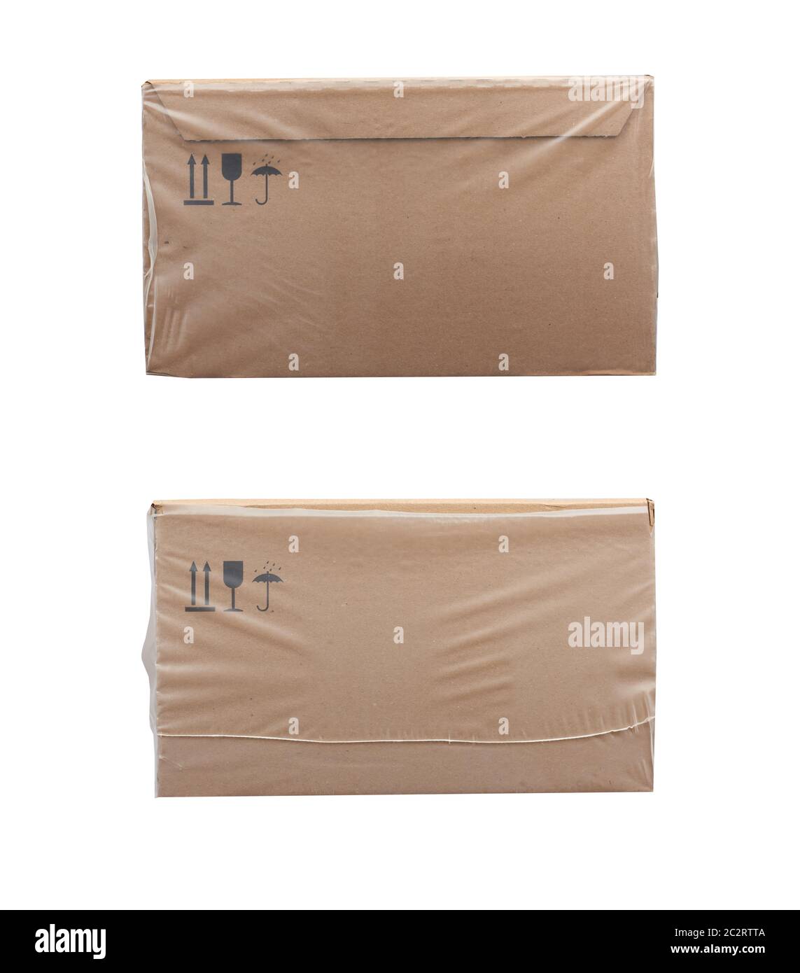 rectangular box wrapped in transparent polyethylene, box for transporting bottles, side view, set Stock Photo